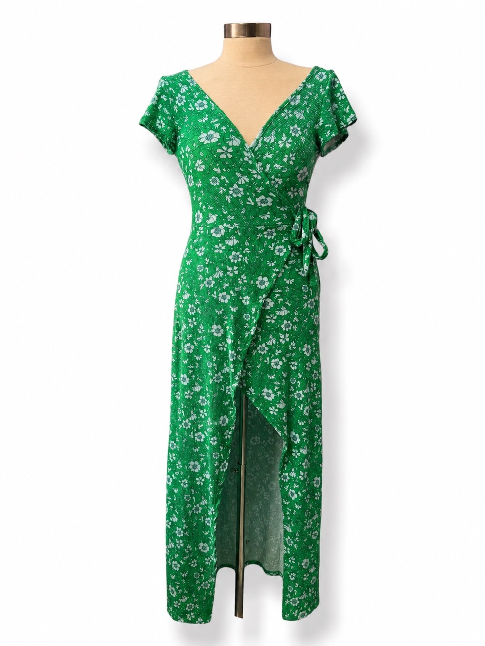 Jessica Simpson Green Floral Ribbed Wrap Maxi Dress Size Small